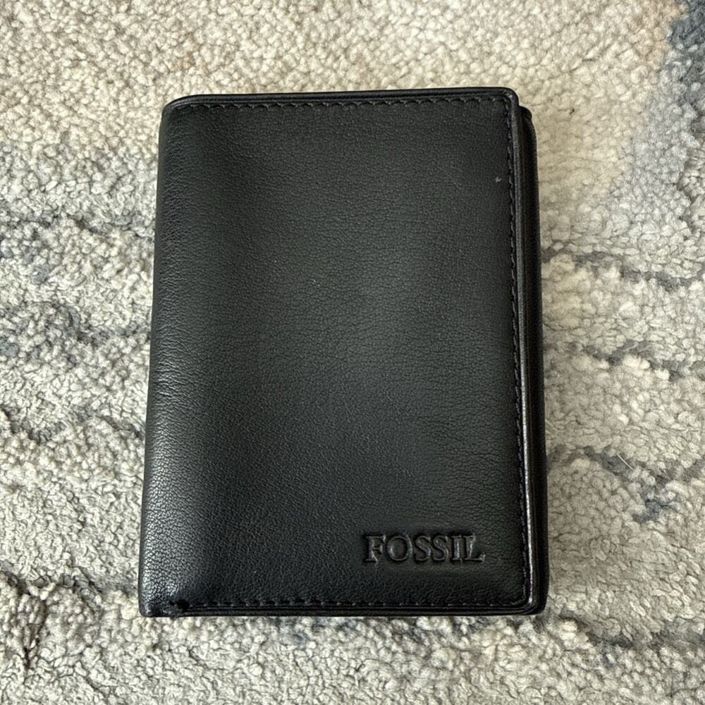 Fossil Black Genuine Leather Trifold Wallet ID Window Original Vintage NOS